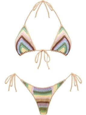 Frankie's Bikinis Pastel Crochet Tie Bikini in Beige Trim